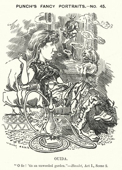 パンチの漫画。ウイダ（マリア・ルイーズ・レイム）、イギリスの小説家（エングレーヴィング 作： Edward Linley (after) Sambourne
