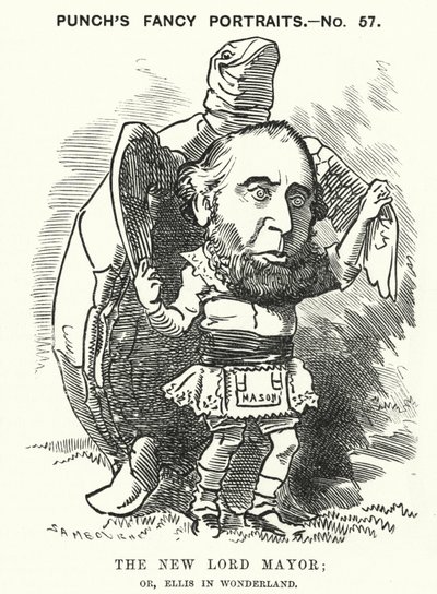 パンチの漫画。1881年にロンドン市長に就任したジョン・エリス卿(彫刻) 作： Edward Linley (after) Sambourne