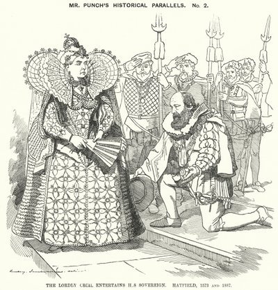 パンチの漫画。The Lordly Cecil Entertains His Sovereign, Hatfield 作： Edward Linley (after) Sambourne