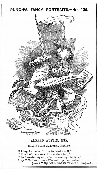 アルフレッド・オースティン（1835-1913） 1896年からイギリスの桂冠詩人。オースティンが『ナショナル・レビュー』誌の編集者になった1883年3月3日、ロンドンの『パンチ』誌に掲載された「ファンシー・ポートレート」シリーズのエドワード・リンリー・サンボーン（1844-1910）による漫画。エングレーヴィング。 作： Edward Linley Sambourne