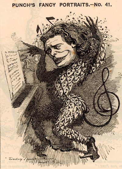 「アントン・ルービンシュタイン（1829-1894） ロシアのピアニスト、作曲家、指揮者。1881年のロンドン公演で10,000ポンドを稼いだ。彼の作品のひとつにオペラ「悪魔」（1875年）がある。漫画：エドワ 作： Edward Linley Sambourne