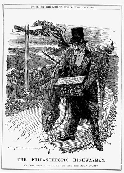 David Lloyd George (1863-1945) ウェールズ生まれのイギリスの自由主義政治家。1908年、大蔵大臣としてロイド・ジョージは老齢年金法を導入した。エドワード・リンリー・サンボーンによる漫画（1908年8月、ロンドンの『パンチ』より 作： Edward Linley Sambourne
