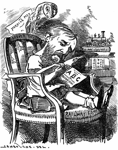 Evelyn Ashley (1836-1907) イギリスの作家、自由主義政治家：シャフツベリー伯爵の息子。エドワード・リンレイ・サンボーンによる漫画（『パンチ・ロンドン』の「ファンシー・ポートレート」シリーズ） 1881年4月、アシュレイが貿易委員会の次官だったときのもの。 作： Edward Linley Sambourne
