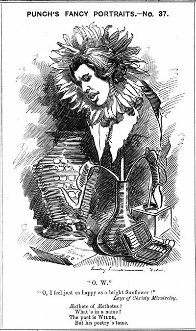 オスカー・ワイルド（1854-1900）アイルランドの劇作家、小説家、詩人、ウィット。エドワード・リンレイ・サンボーンによる『パンチ・ロンドン』誌に掲載された「ファンシー・ポートレイト」シリーズの漫画（1881年6月25日）で、ワイルドがひまわりに扮している。木版画 作： Edward Linley Sambourne