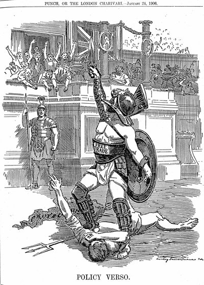 1905年12月に英国で自由党政権が復活すると、保守党の関税による保護政策ではなく、自由貿易政策がとられるようになりました。エドワード・リンレイ・サンボーンの漫画（1906年1月24日付『パンチ・ロンドン』より 作： Edward Linley Sambourne