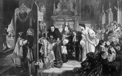 ジェームズ2世1633-1701は、1890年にオレンジの王子が上陸したというニュースを受けました。 作： Edward Matthew Ward