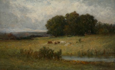 ストリーム近くの牛の明るいシーン。 作： Edward Mitchell Bannister