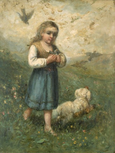 鳥と犬と一緒の子供、1882年。 作： Edward Mitchell Bannister