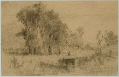 風景、手漕ぎボート、牛 (#57) C. 1880 (紙にグラファイト) 作： Edward Mitchell Bannister
