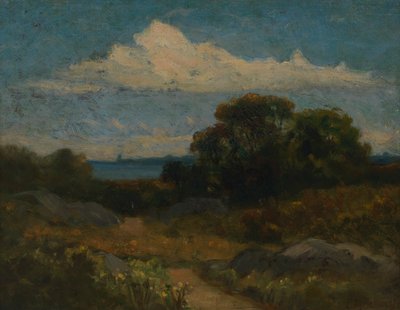 湖のそばの風景の木と岩。 作： Edward Mitchell Bannister