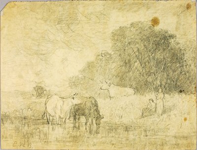 池の牛のいる風景、二人の人物 作： Edward Mitchell Bannister