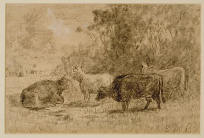 4 頭の牛のいる風景、c. 1880年代（紙に木炭） 作： Edward Mitchell Bannister