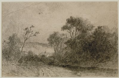 木の後ろに屋根がある風景（＃４９） ｃ． 1880年代（紙にグラファイト） 作： Edward Mitchell Bannister