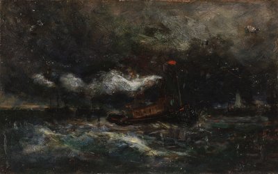 スコール、ブレントン灯台（嵐の中のボート、背景に灯台） 作： Edward Mitchell Bannister