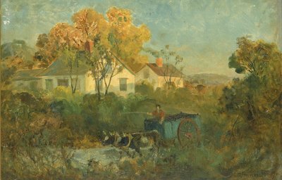 1895年、プールで牛と一緒にカートに乗った水飲み場の男。 作： Edward Mitchell Bannister