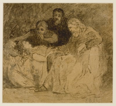 3人の人物、ベッドの女性（#66）、1880年代頃（紙にグラファイト） 作： Edward Mitchell Bannister
