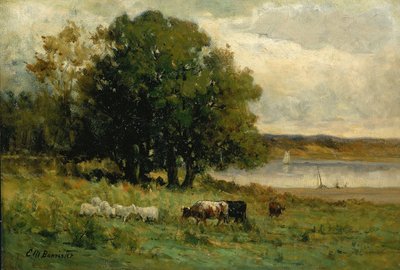 無題（川のそばの牛と遠くにヨット） 作： Edward Mitchell Bannister