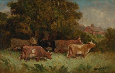 無題（牧草地にいる5頭の牛、背景は屋上） 作： Edward Mitchell Bannister