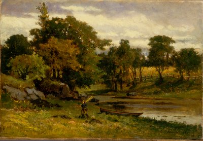 無題（風景、小川の近くに係留されたボート、手前を歩く男性） 作： Edward Mitchell Bannister