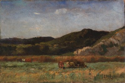 無題（草を食む牛のいる風景、丘） 作： Edward Mitchell Bannister