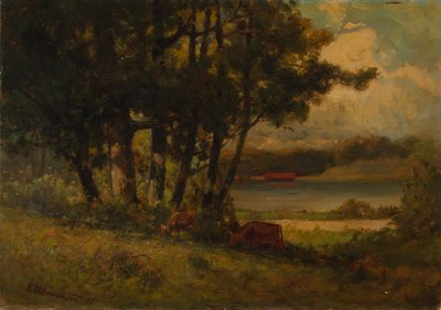 無題（川の近くで草を食む牛のいる風景） 作： Edward Mitchell Bannister
