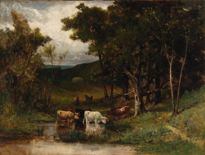 無題（木々のそばの小川に牛がいる風景） 作： Edward Mitchell Bannister