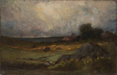 無題（前景に岩、背景に尖塔のある屋根と湖のある風景） 作： Edward Mitchell Bannister
