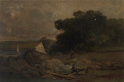 無題（岩と人と帆船のある風景） 作： Edward Mitchell Bannister