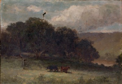 無題（草原の木々と2頭の牛のいる風景） 作： Edward Mitchell Bannister