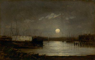 無題（港にかかる月、満月と船のマストがある埠頭の風景） 作： Edward Mitchell Bannister