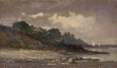 無題（帆船と屋根のある海岸線） 作： Edward Mitchell Bannister