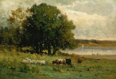 ヨットが遠くにある川の近くの無題の牛、n.d. 作： Edward Mitchell Bannister