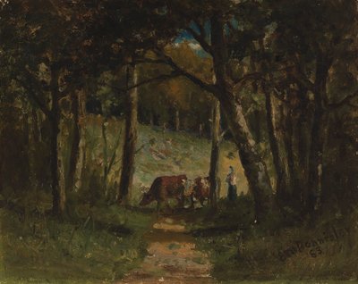 森の小道にいる無題の牛、1883年。 作： Edward Mitchell Bannister