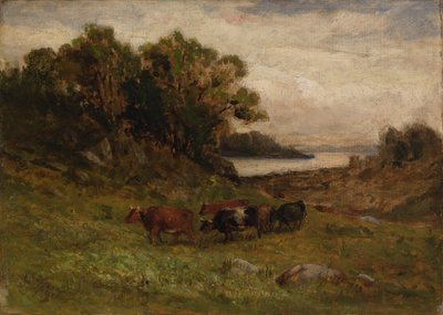 無題の 5 頭の牛が放牧され、木々や川を背景にしています。 作： Edward Mitchell Bannister
