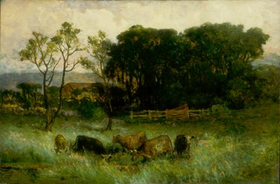 無題の 5 頭の牛の牧草地、カリフォルニア州。 1884-1886。 作： Edward Mitchell Bannister