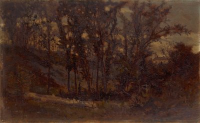 無題の森のシーン、前景に倒れた木、背景に家、1873年。 作： Edward Mitchell Bannister