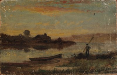 無題の風景、男が歩いている岸辺に係留されたボート、1896年。 作： Edward Mitchell Bannister