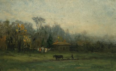 畑を耕す男がいる無題の風景、n.d. 作： Edward Mitchell Bannister