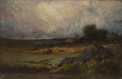 前景に岩、尖塔のある屋根、背景に湖がある無題の風景、n.d. 作： Edward Mitchell Bannister