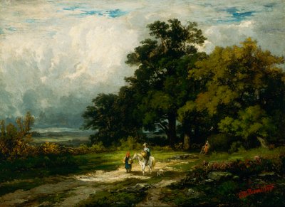 女性と犬と一緒に馬に乗った無題の男。 作： Edward Mitchell Bannister