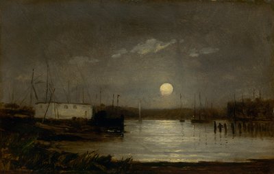 港の上の無題の月、満月とボートのマストのある埠頭のシーン、カリフォルニア州。 1868年。 作： Edward Mitchell Bannister