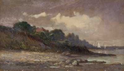 帆船と屋根のある無題の海岸線、1893 年。 作： Edward Mitchell Bannister