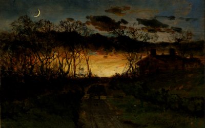 クォーター ムーンと農家のある無題の夕日、1883 年。 作： Edward Mitchell Bannister