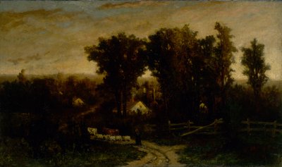 夕暮れ時に牛と羊を持つ無題の女性、n.d. 作： Edward Mitchell Bannister