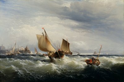 風上に向かって打ち寄せる漁船 作： Edward Moran