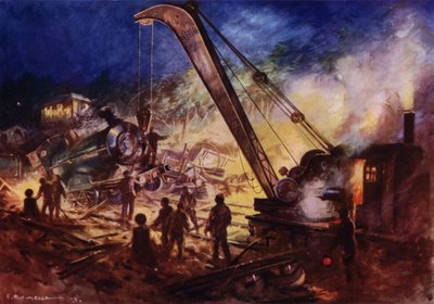 鉄道事故の現場から残骸を取り除くクレーン (カラー リソ) 作： Edward Parick Kinsella