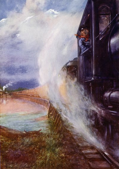 カナダのグランド トランク パシフィック鉄道のスキーナ川沿いを通過する列車 (カラー リソ) 作： Edward Parick Kinsella