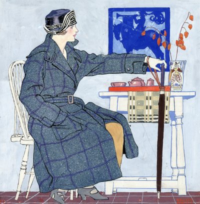 テーブルの横に座って傘をさしている若い女性 作： Edward Penfield