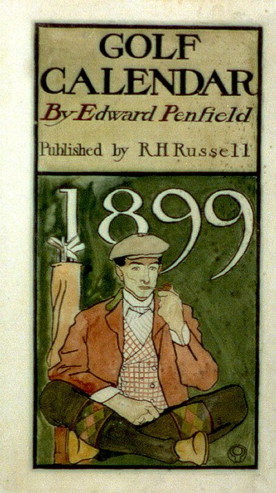 クラブを持って座っているゴルファー、水彩画で描かれています。エドワード・ペンフィールド（Edward Penfield）1866-1925年（1899 作： Edward Penfield