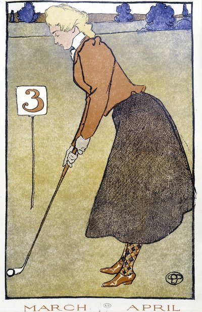 ゴルフをする女性 - エドワード・ペンフィールドの「ゴルフ・カレンダー」にて 作： Edward Penfield
